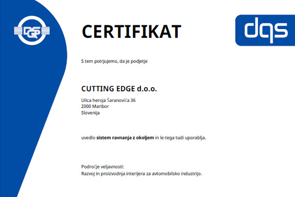 Certifikat ISO 14001 : 2015